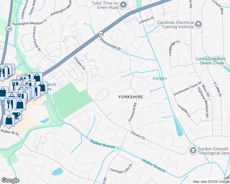 map of restaurants, bars, coffee shops, grocery stores, and more near 13604 Quixley Ln in Charlotte