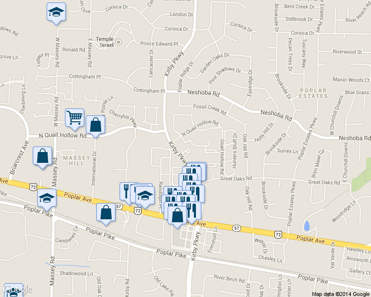 map of restaurants, bars, coffee shops, grocery stores, and more near 6676 Whispering Oak Place in Memphis