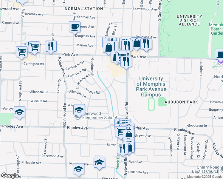 map of restaurants, bars, coffee shops, grocery stores, and more near 1033 McEvers Road in Memphis