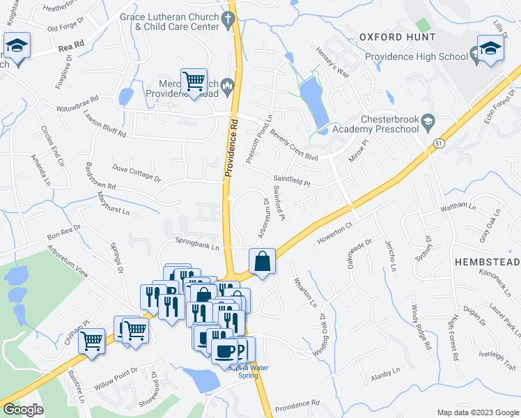 map of restaurants, bars, coffee shops, grocery stores, and more near 7812 Arboretum Drive in Charlotte