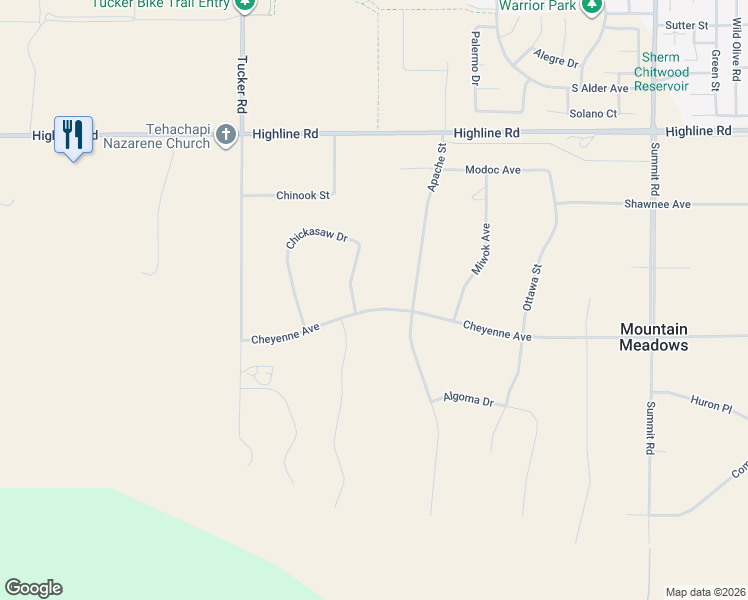 map of restaurants, bars, coffee shops, grocery stores, and more near 18701 Cheyenne Avenue in Tehachapi