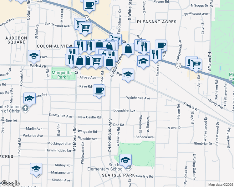 map of restaurants, bars, coffee shops, grocery stores, and more near 1052 South White Station Road in Memphis