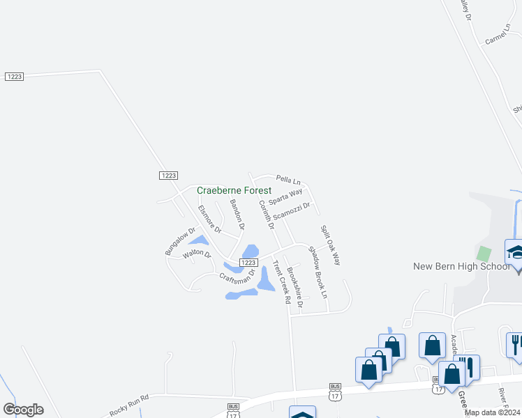 map of restaurants, bars, coffee shops, grocery stores, and more near 143 Corinth Drive in New Bern