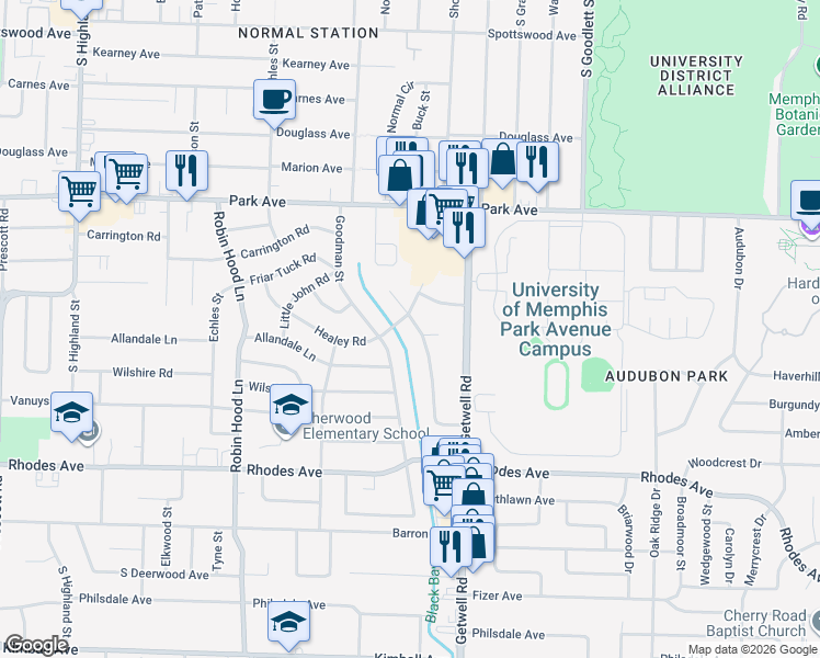 map of restaurants, bars, coffee shops, grocery stores, and more near 1033 McEvers Road in Memphis
