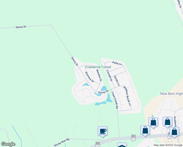 map of restaurants, bars, coffee shops, grocery stores, and more near 107 Westwood Court in New Bern