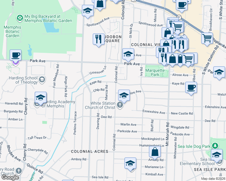 map of restaurants, bars, coffee shops, grocery stores, and more near 1050 Marcia Road in Memphis