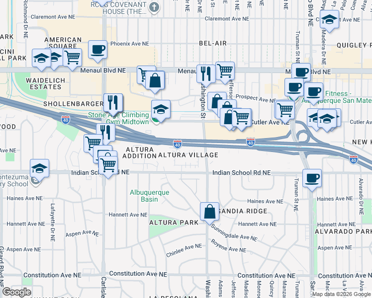 map of restaurants, bars, coffee shops, grocery stores, and more near in Albuquerque
