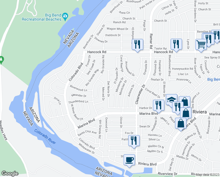map of restaurants, bars, coffee shops, grocery stores, and more near 1871 El Dorado Drive in Bullhead City