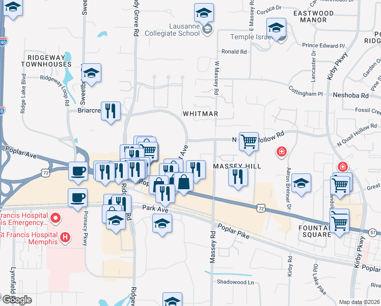 map of restaurants, bars, coffee shops, grocery stores, and more near 6286 Briarcrest Avenue in Memphis