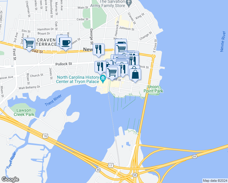 map of restaurants, bars, coffee shops, grocery stores, and more near 225 Sky Sail Boulevard in New Bern