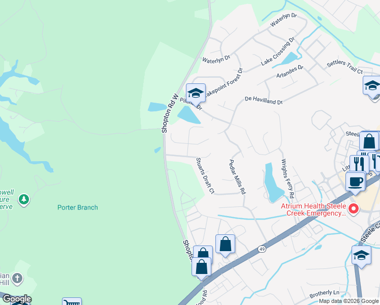 map of restaurants, bars, coffee shops, grocery stores, and more near 13925 Millers Creek Lane in Charlotte