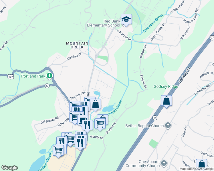 map of restaurants, bars, coffee shops, grocery stores, and more near 900 Mountain Creek Road in Chattanooga