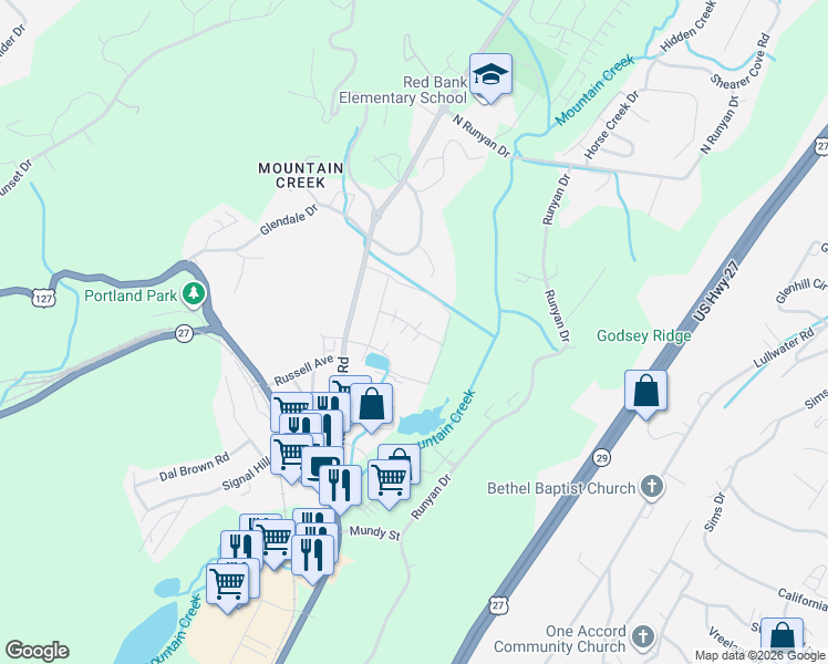 map of restaurants, bars, coffee shops, grocery stores, and more near 900 Mountain Creek Road in Chattanooga