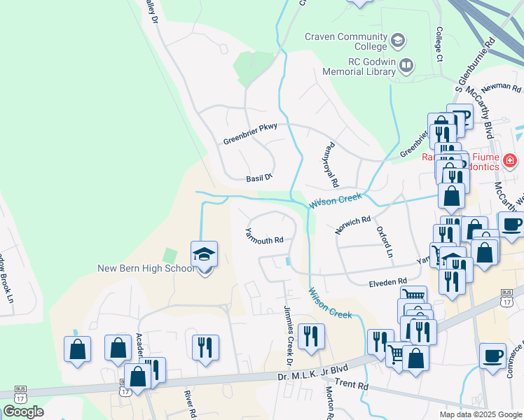 map of restaurants, bars, coffee shops, grocery stores, and more near 4110 Yarmouth Road in New Bern