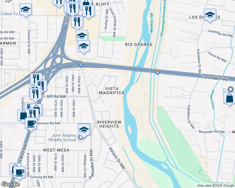 map of restaurants, bars, coffee shops, grocery stores, and more near 1601 Bluffside Place Northwest in Albuquerque