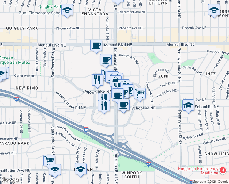 map of restaurants, bars, coffee shops, grocery stores, and more near Louisiana Blvd NE & Uptown Blvd NE in Albuquerque