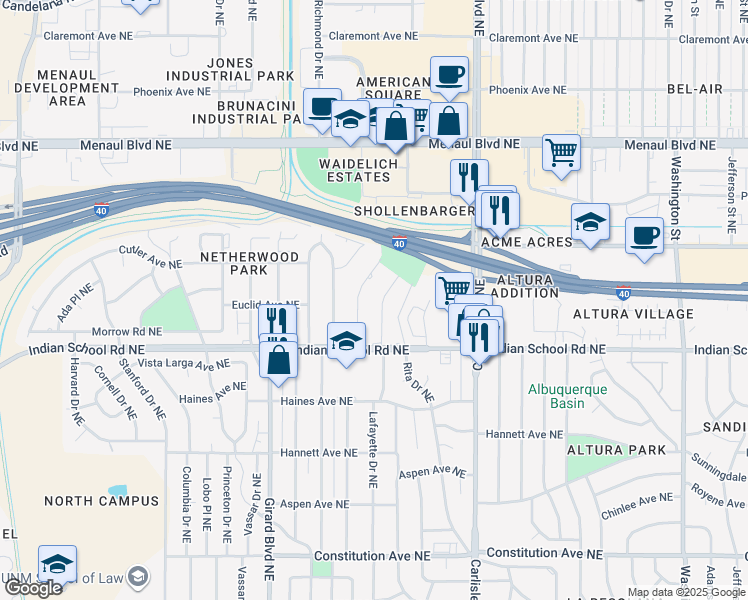map of restaurants, bars, coffee shops, grocery stores, and more near 1718 Notre Dame Drive Northeast in Albuquerque