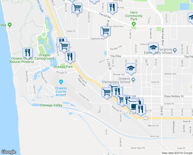 map of restaurants, bars, coffee shops, grocery stores, and more near 1085 Maybelle Court in Oceano