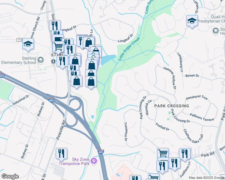 map of restaurants, bars, coffee shops, grocery stores, and more near 10115 Balmoral Circle in Charlotte