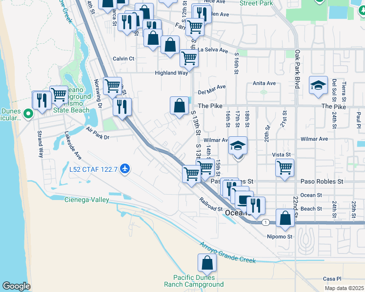 map of restaurants, bars, coffee shops, grocery stores, and more near 1266 Belridge Street in Oceano
