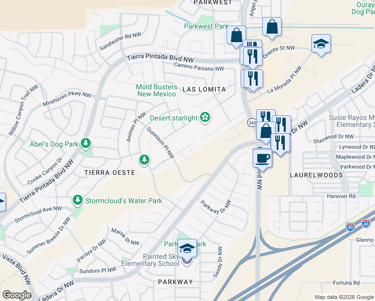 map of restaurants, bars, coffee shops, grocery stores, and more near 8600 Casa Vistosa Court Northwest in Albuquerque