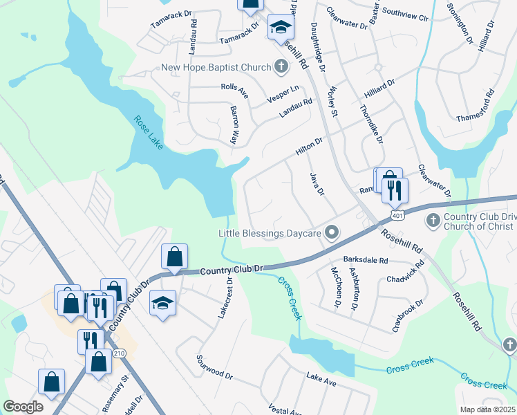 map of restaurants, bars, coffee shops, grocery stores, and more near 3419 Sandystone Circle in Fayetteville