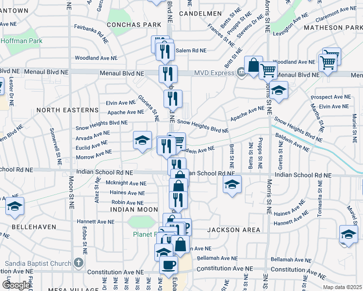 map of restaurants, bars, coffee shops, grocery stores, and more near 1824 Mary Ellen Street Northeast in Albuquerque