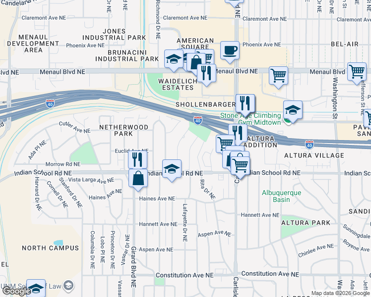 map of restaurants, bars, coffee shops, grocery stores, and more near 1718 Notre Dame Drive Northeast in Albuquerque