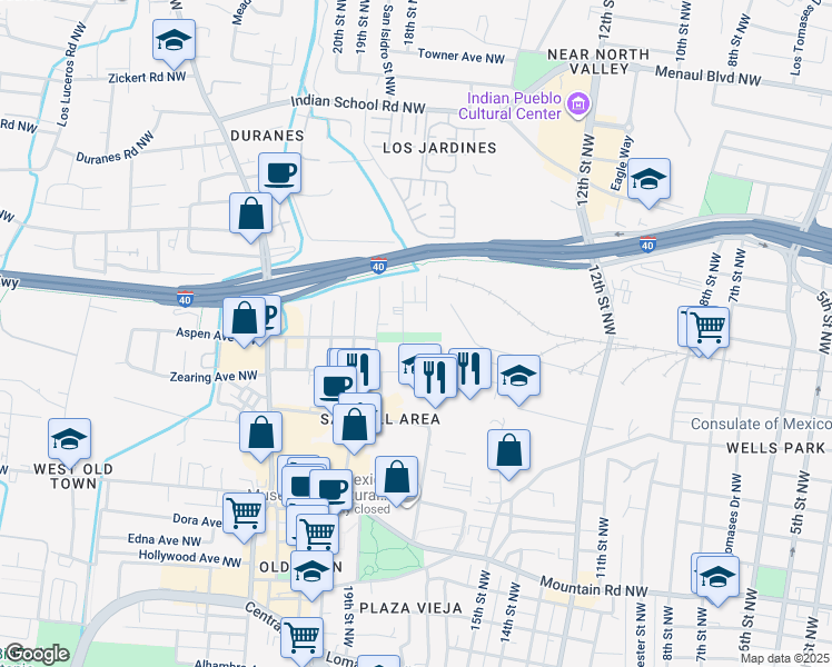 map of restaurants, bars, coffee shops, grocery stores, and more near 990 18th Street Northwest in Albuquerque