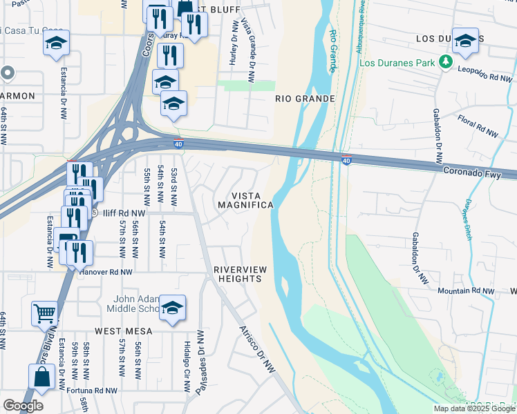 map of restaurants, bars, coffee shops, grocery stores, and more near 1601 Bluffside Place Northwest in Albuquerque