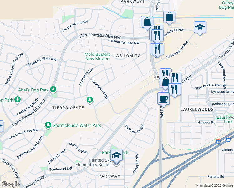 map of restaurants, bars, coffee shops, grocery stores, and more near 8600 Casa Vistosa Court Northwest in Albuquerque
