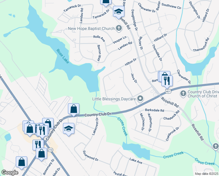 map of restaurants, bars, coffee shops, grocery stores, and more near 3419 Sandystone Circle in Fayetteville