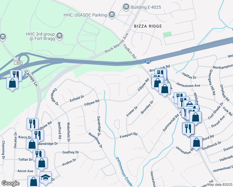 map of restaurants, bars, coffee shops, grocery stores, and more near 804 Danish Drive in Fayetteville