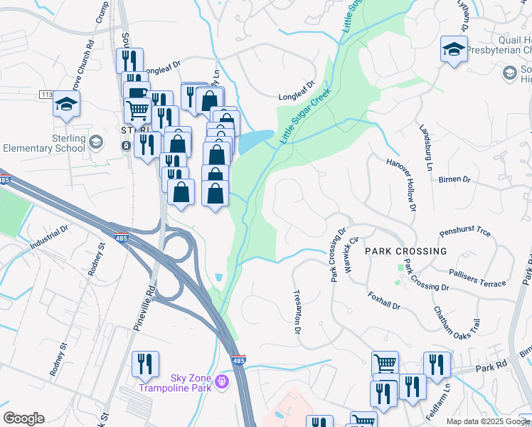 map of restaurants, bars, coffee shops, grocery stores, and more near 10115 Balmoral Circle in Charlotte