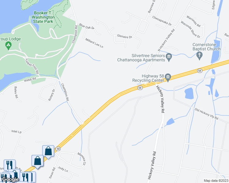 map of restaurants, bars, coffee shops, grocery stores, and more near 5307 Tennessee 58 in Chattanooga