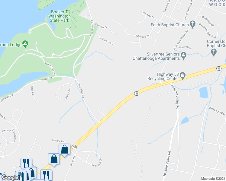 map of restaurants, bars, coffee shops, grocery stores, and more near 5191 Turkey Foot Trail in Chattanooga