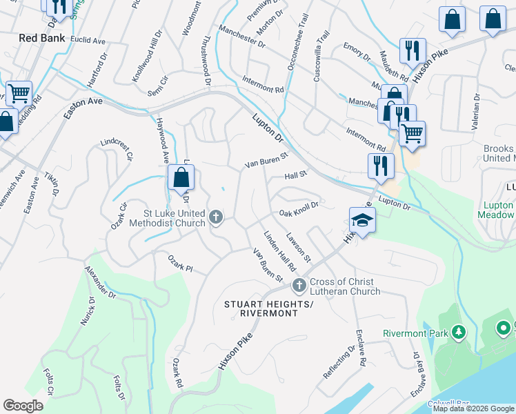 map of restaurants, bars, coffee shops, grocery stores, and more near 844 Linden Hall Road in Chattanooga