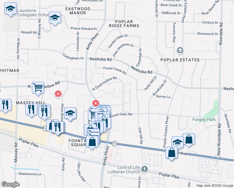 map of restaurants, bars, coffee shops, grocery stores, and more near 6770 Quail Hollow Court in Memphis