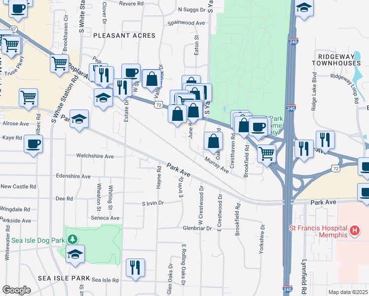 map of restaurants, bars, coffee shops, grocery stores, and more near 5501 Murray Avenue in Memphis