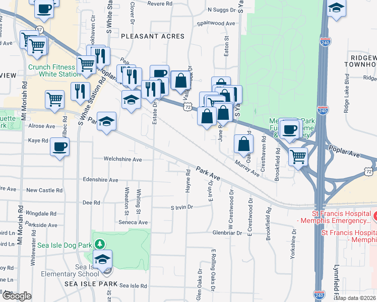 map of restaurants, bars, coffee shops, grocery stores, and more near 5397 Park Avenue in Memphis