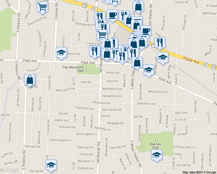 map of restaurants, bars, coffee shops, grocery stores, and more near 5012 Hampshire Avenue in Memphis