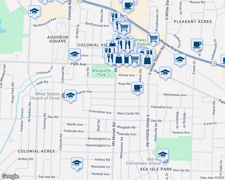 map of restaurants, bars, coffee shops, grocery stores, and more near 4966 Hampshire Avenue in Memphis