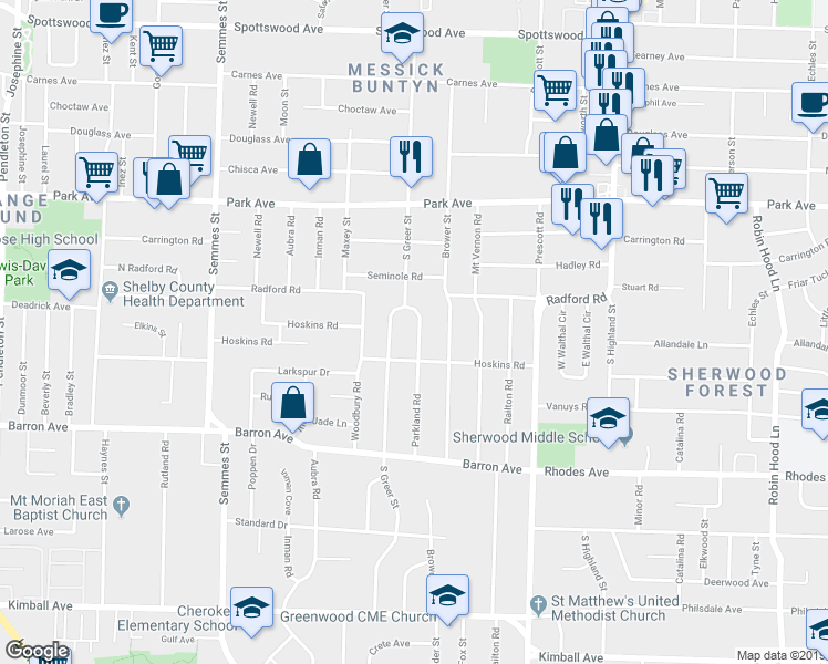 map of restaurants, bars, coffee shops, grocery stores, and more near 1048 Parkland Road in Memphis