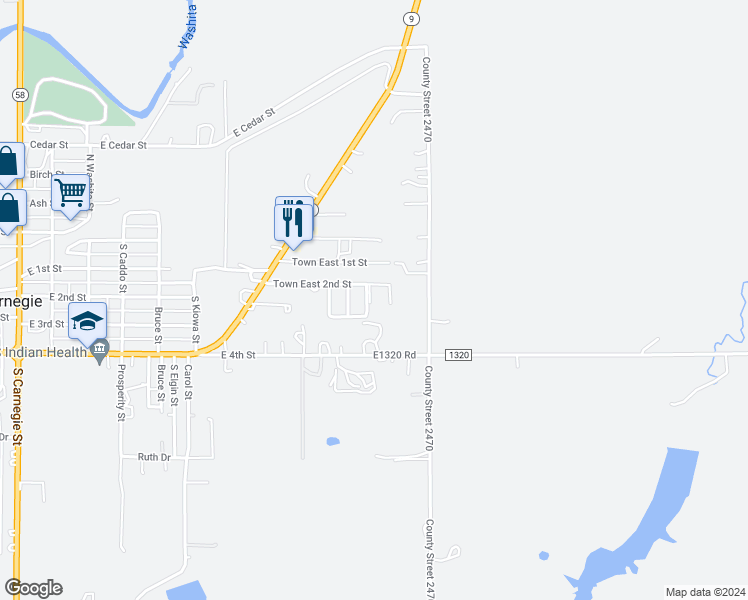 map of restaurants, bars, coffee shops, grocery stores, and more near 309 West Caddo Ridge in Carnegie