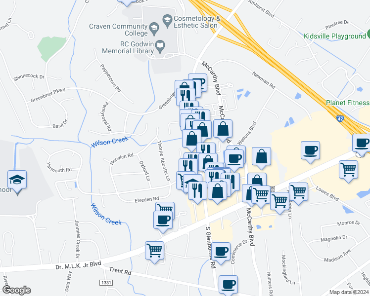 map of restaurants, bars, coffee shops, grocery stores, and more near 1910 South Glenburnie Road in New Bern