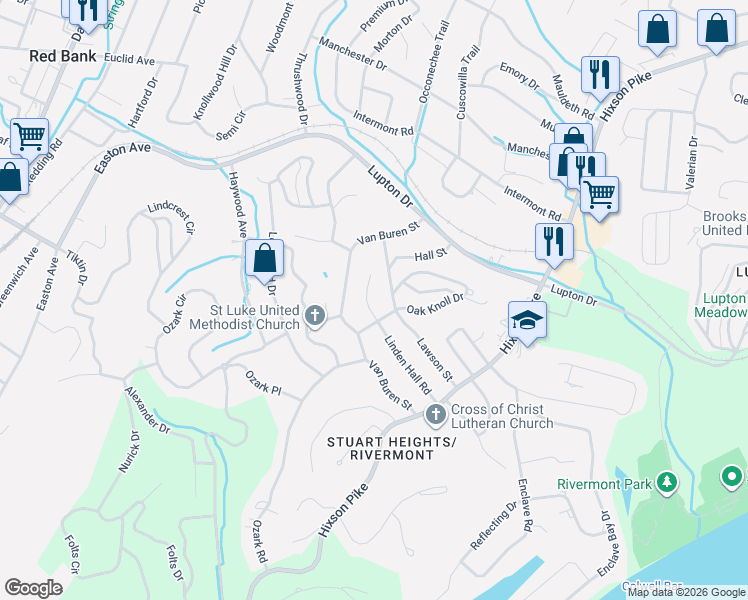 map of restaurants, bars, coffee shops, grocery stores, and more near 844 Linden Hall Road in Chattanooga