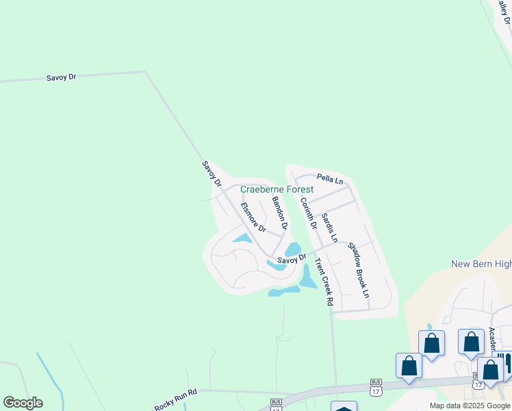 map of restaurants, bars, coffee shops, grocery stores, and more near 109 Westwood Court in New Bern