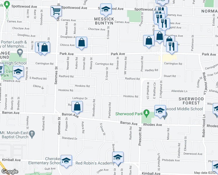 map of restaurants, bars, coffee shops, grocery stores, and more near 1023 Parkland Road in Memphis