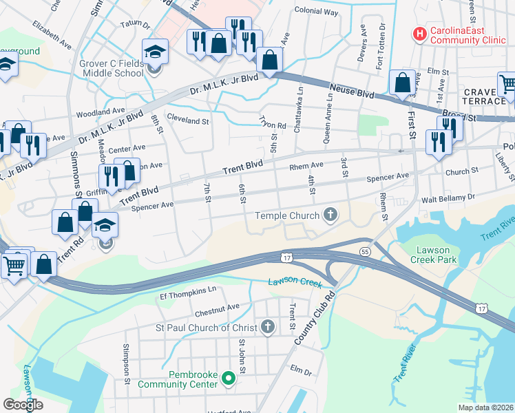 map of restaurants, bars, coffee shops, grocery stores, and more near 1711 Park Avenue in New Bern