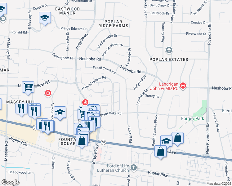 map of restaurants, bars, coffee shops, grocery stores, and more near 1730 Hunters Trace Drive in Memphis